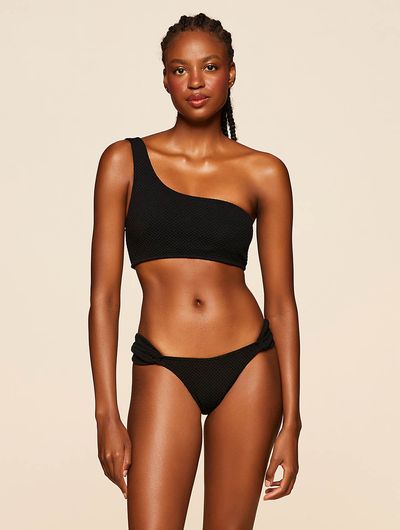 Top Faixa Ombro Único + Tanga Lateral Média Lisos Hermosa Preto Cia Marítima